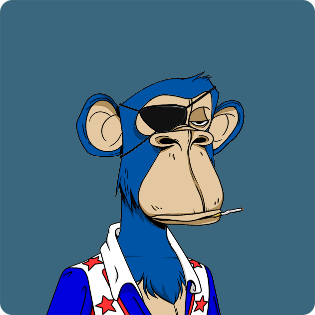 A digital illustration of a blue cartoon ape wearing an eyepatch and sunglasses, smoking a cigarette, dressed in a white shirt with red stars over a blue vest.