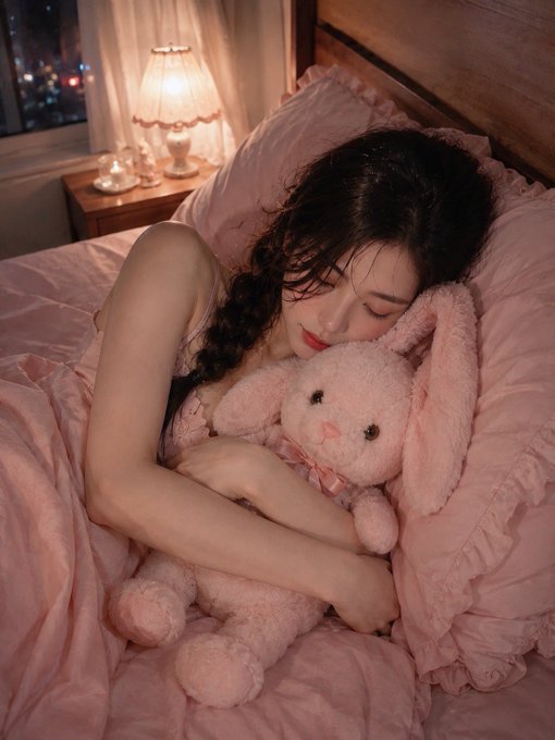 A young woman with braided hair lies peacefully in bed, hugging a pink plush bunny while resting on soft pink pillows beside a warmly glowing bedside lamp, evoking the quiet comfort of winding down at the end of a long day.