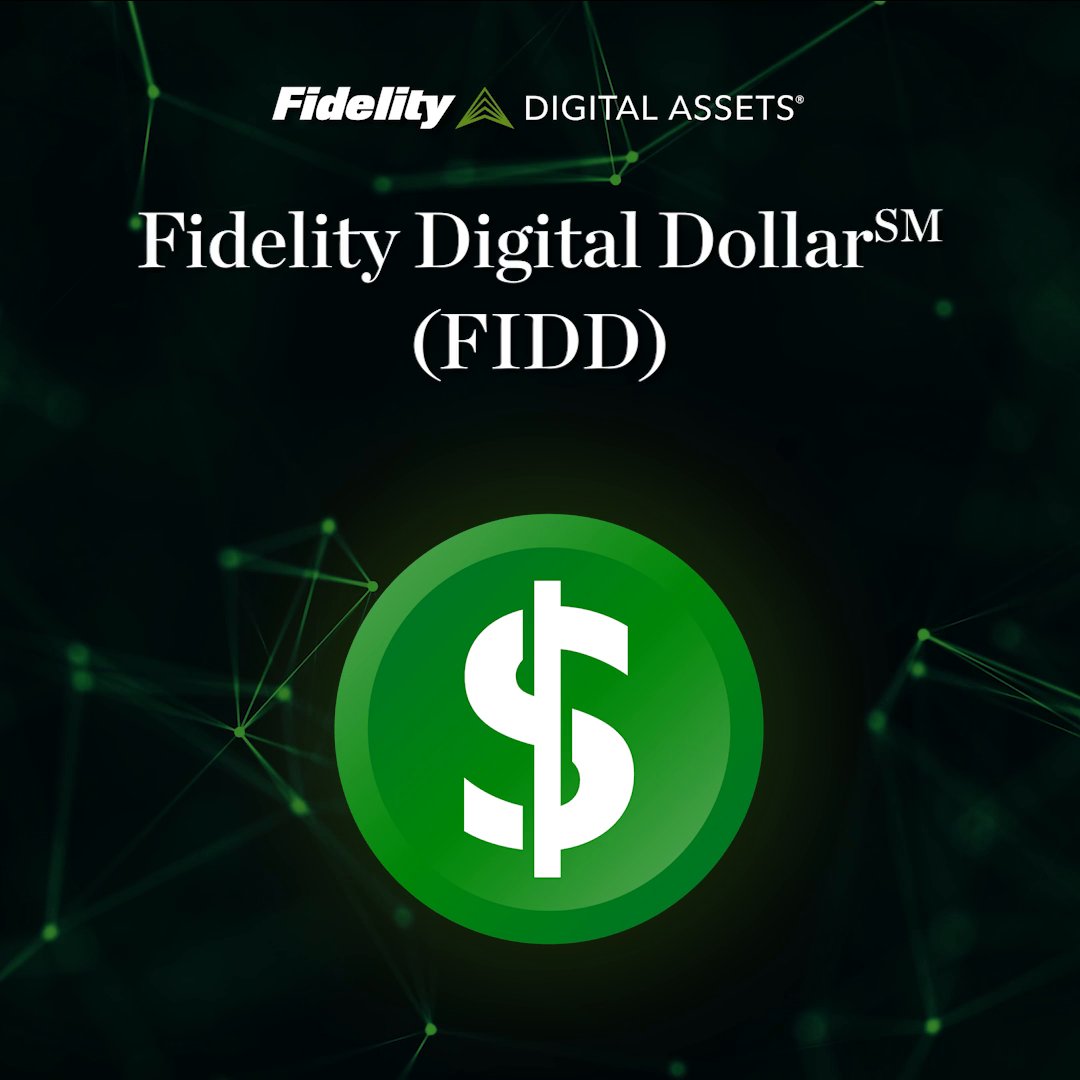A promotional graphic featuring the Fidelity Digital Assets logo at the top and the text 'Fidelity Digital Dollar℠ (FIDD)' above a large green coin with a dollar sign against a dark network-patterned background.