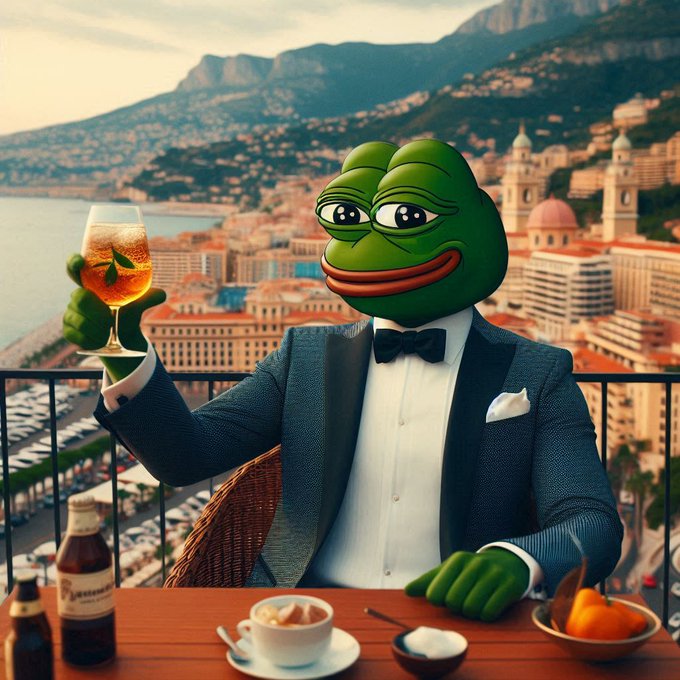 A digitally rendered Pepe the Frog dressed in a blue tuxedo, holding a glass of iced tea at a table overlooking a coastal city.