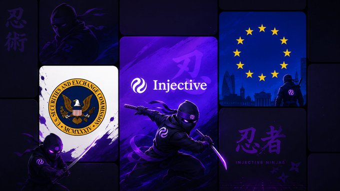 A purple-themed promotional collage for 'Injective' featuring ninja characters, the SEC seal, the European Union flag, and Chinese characters including '忍者' (ninja).