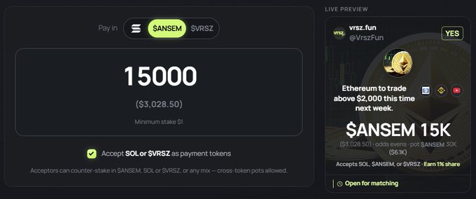 The image shows a livestream-style betting interface titled "vrsz.FUN" with $VRSZ as the payment token, offering a $15,000 minimum stake (worth $3,028.50) for an "ETH to trade above $2,000 this time next week" prediction market, alongside a matching preview of the "$ANSEM 15K" market. The post's Solana contract address (ending in "pump") suggests the user is sharing a memecoin link as commentary on the speculative, high-stakes crypto betting scene depicted.