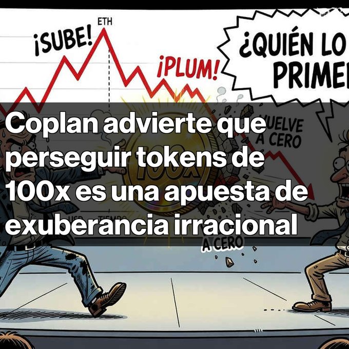 A Spanish-language cartoon illustration showing two characters reacting to a '100x' coin crashing to zero, with overlaid text reading 'Coplan advierte que perseguir tokens de 100x es una apuesta de exuberancia irracional'.