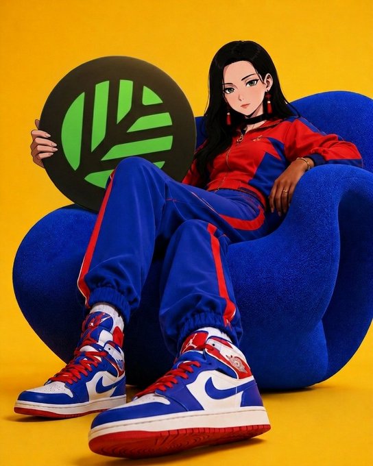 An anime-style illustration features a woman in a red and blue tracksuit and red, white, and blue high-top sneakers reclining on a blue chair against a yellow background, holding a circular sign with a green "CN" logo. The image's bold, tech-forward aesthetic and the prominent CNPYNetwork logo visually reinforce the post's message that the platform is fundamentally AI-native in its design and purpose.