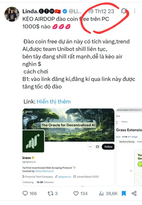 A Vietnamese-language social media post by user 'Linda' promoting a free coin mining airdrop project, claiming potential earnings of $1000. The post includes a screenshot of a project called 'grass.io' (The First Incentivized Web Scraping Protocol) with a 'Follow' button, noting the project is powered by Wynd Network.