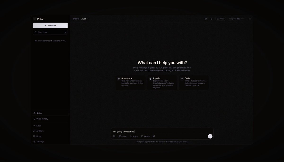 The image shows a computer screen displaying an interface for PRXVT AI beta testing. The screen has a black background with white text that reads "What can help you?". This indicates that the beta testing process is about to begin, and users will be able to ask questions related to their experience on the platform. The screen also displays a list of options or features available in the beta version, which may include ZK-gated infrastructure, no payment data, prompt logs, history, and user profiles.