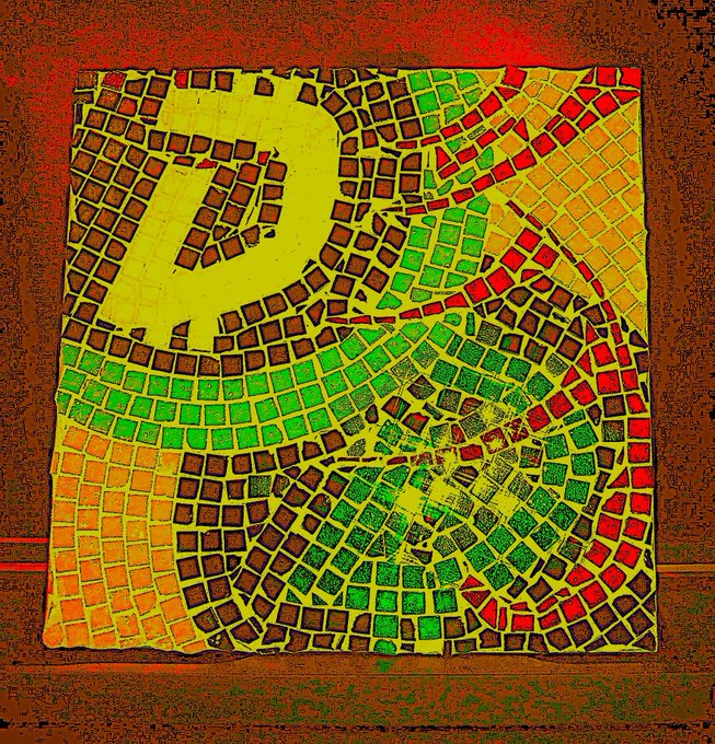 An abstract, vibrant mosaic artwork composed of small yellow, green, red, and brown tiles set against a dark red background.
