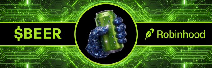 A green circuit-board styled banner featuring a blue hand holding a green beer can in the center, with "$BEER" on the left and the "Robinhood" logo on the right.