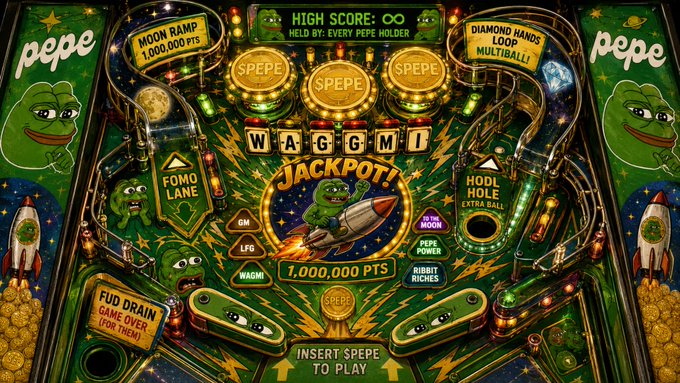 A Pepe-themed digital pinball machine art featuring 'WAGMI JACKPOT 1,000,000 PTS' with various crypto slang labels like 'MOON RAMP', 'FOMO LANE', and 'HODL HOLE'.