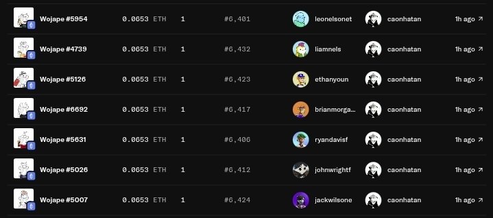 A screenshot showing a list of Wojape NFT purchases made at identical floor prices of 0.0653 ETH, with the same buyer ("caonhatan") repeatedly acquiring multiple Wojape tokens (#5954, #4739, #5126, #6692, #5631, #5026, #5007) an hour ago. The image humorously illustrates the poster's self-deprecating claim of being lazy and not thinking much, as evidenced by bulk-buying NFTs at the same price without apparent strategy.