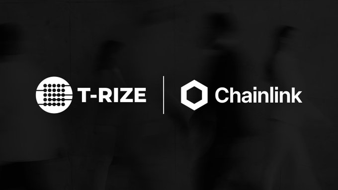 A dark promotional graphic shows the logos and names “T-RIZE” and “Chainlink” separated by a vertical line. It illustrates T-RIZE’s integration of Chainlink’s Cross-Chain Interoperability Protocol (CCIP) into its tokenization infrastructure on the Canton Network.