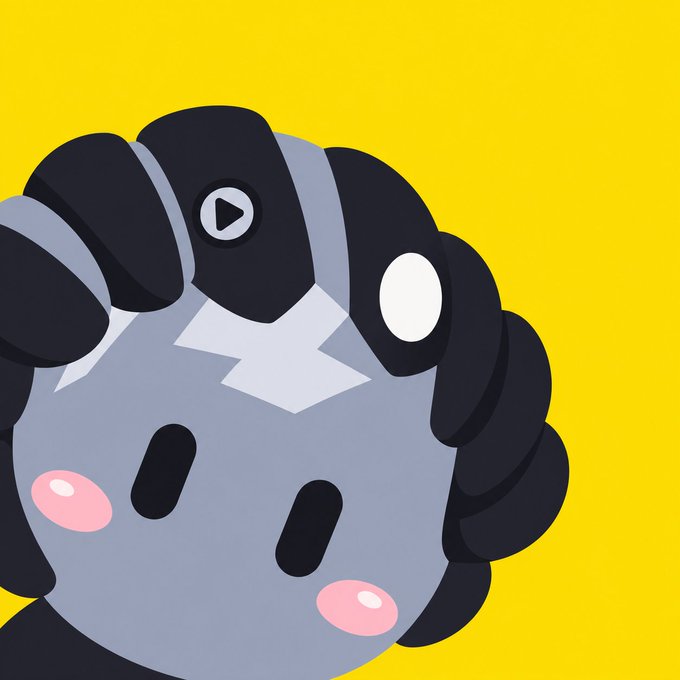 A digital illustration of a cute character with a grey face, pink cheeks, a white lightning bolt on the forehead, and black hair, set against a yellow background.