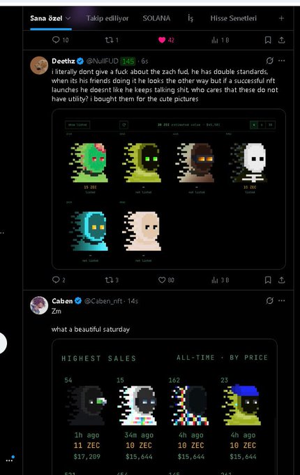Screenshots of tweets from Deethz and Caben discussing NFT sales and pixel-art zombie characters on the Solana blockchain.