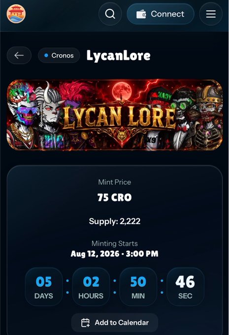 The image shows the "LycanLore" NFT minting page on Cronos network via EbisusBay, displaying a mint price of 75 CRO, a supply of 2,222, and a countdown timer of 5 days, 02 hours, 50 minutes, 46 seconds until the mint begins on August 12, 2026. This directly matches the post's details about the upcoming Lycan_Lore NFT drop on EbisusBay with the same price, supply, and timing information.