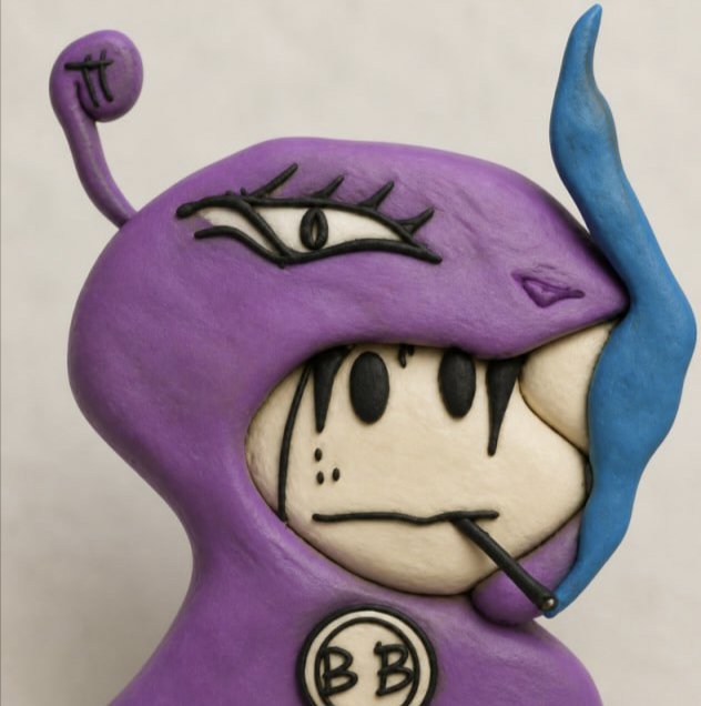 A purple clay sculpture of a hooded monster character with one large dragon-like eye on its hood, a small round mouth showing teeth, a blue flame-like appendage, and 'BB' emblem on its chest.