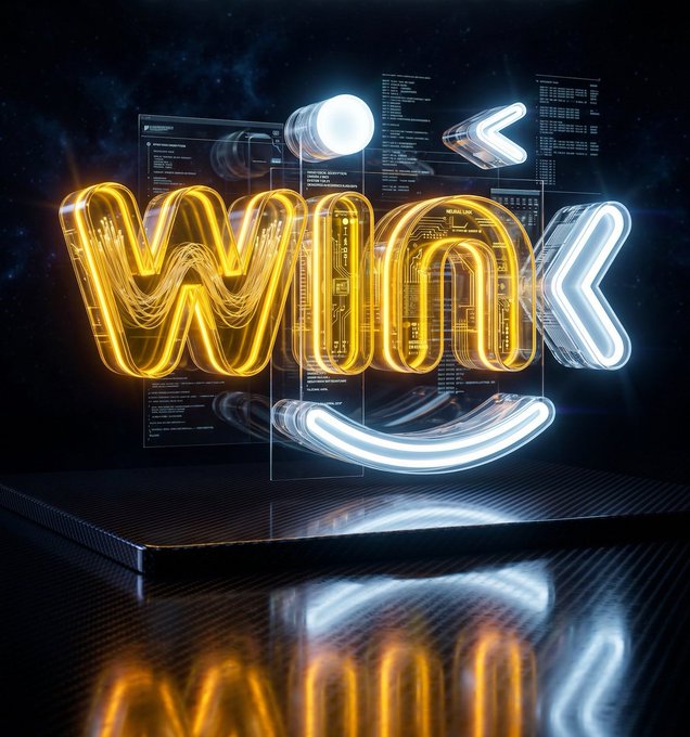 A 3D neon-style graphic spelling 'WIN' in glowing yellow and blue letters with arrows, displayed on a dark reflective surface with code snippets visible in the background.