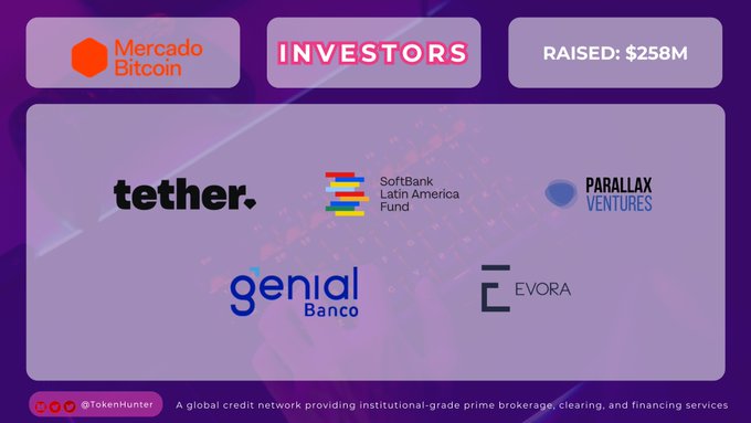 A graphic showing Mercado Bitcoin's investors, including Tether, SoftBank Latin America Fund, Parallax Ventures, Genial Banco, and Evora, having raised $258M.