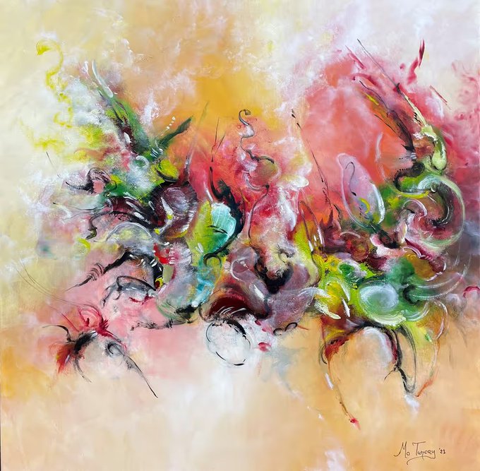 An abstract expressionist painting by 'Mo Taree '22' featuring swirling brushstrokes in warm yellow, pink, and green tones with dark accents.