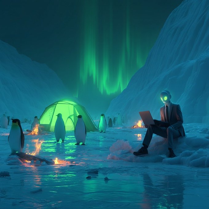 A robot in a suit types on a laptop amidst an icy Antarctic landscape with penguins, auroras, and a glowing green tent. The image's surreal blend of AI, nature, and crypto motifs visually echoes the post's theme of AI agents driving crypto market activity, with the robot symbolizing the rising role of artificial intelligence in financial ecosystems.