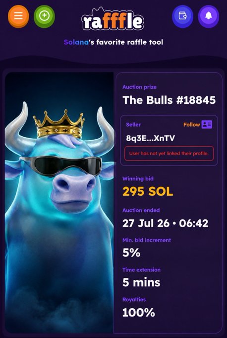 A raffle auction page on 'raffle' (Solana's favorite raffle tool) for 'The Bulls #18845' showing a blue bull wearing sunglasses and a crown, with a winning bid of 295 SOL and auction ended 27 Jul 26.