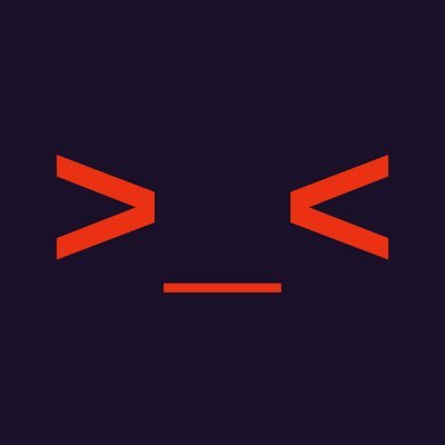 A minimalist graphic design displays two red angular shapes resembling closed eyes or brackets above a red line, suggesting a stylized face on a dark background.