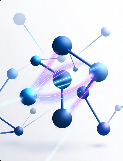 An abstract 3D illustration of blue spheres connected by rods and beams of light, resembling a molecular or network structure.