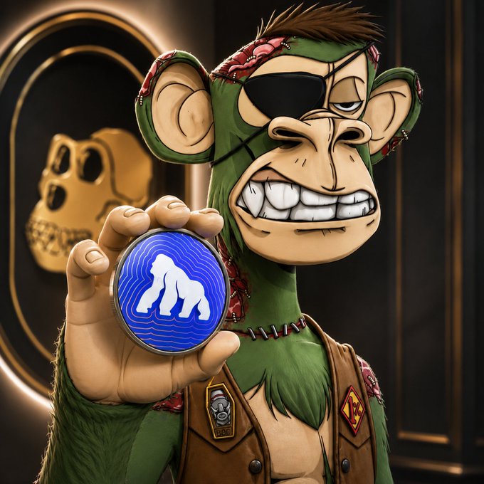 The image features a cartoon monkey wearing a green vest, holding up a blue coin with a gorilla logo on it. The caption below the image reads "Added a bag of @mfigge today. In @mfigge we trust!!". This suggests that there is some sort of connection between the monkey and the brand or product represented by the gorilla logo.