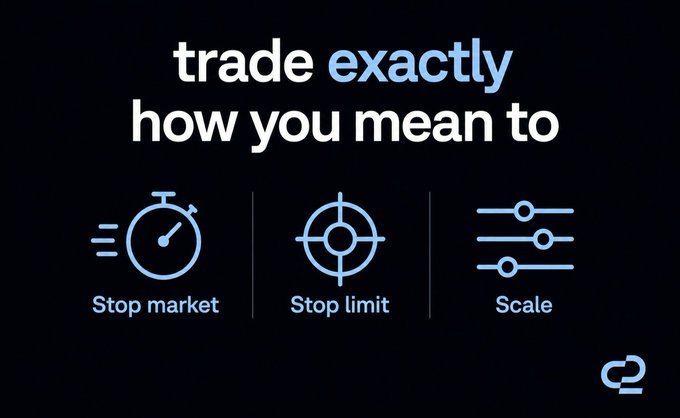 An advertisement with the text 'trade exactly how you mean to' highlighting three order types: Stop market, Stop limit, and Scale, with an OP logo in the corner.