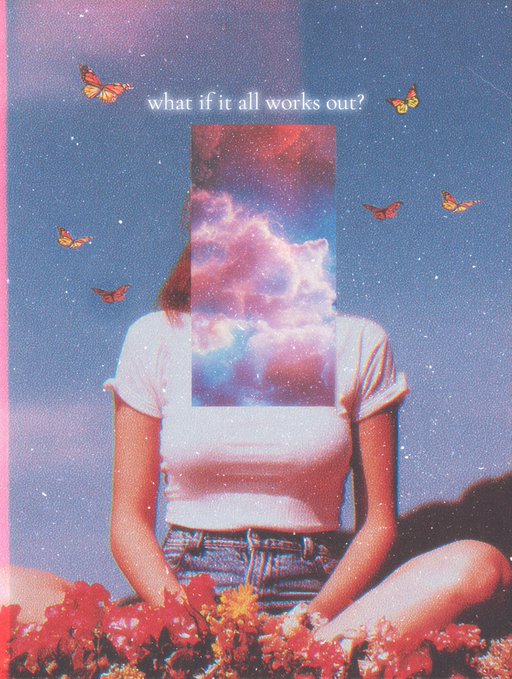 A dreamy, surreal collage-style image shows a seated woman in a white t-shirt and denim shorts with a cosmic galaxy replacing her head, surrounded by orange butterflies and red flowers, featuring the text "what if it all works out?" at the top—capturing the optimistic, artistic spirit behind the post's support of a Tezos-based NFT artist.