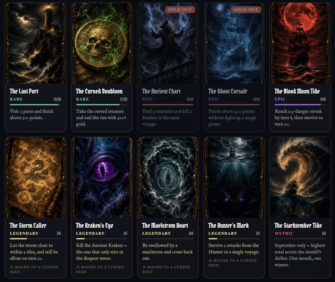 A grid of dark fantasy-themed collectible cards including 'The Last Port,' 'The Cursed Doubloon,' 'The Ancient Chart,' 'The Ghost Corsair,' 'The Blood Moon Tide,' and legendary/mythic items like 'The Kraken's Eye' and 'The Starkember Tide.'