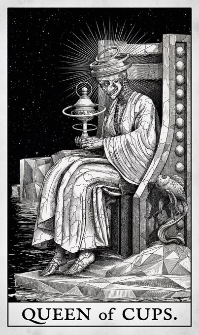 A black and white tarot card labeled 'QUEEN of CUPS' depicting a skeletal figure seated on an ornate throne, holding a chalice, with a fish emerging from the side.