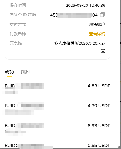 A mobile payment screenshot in Chinese showing a transaction dated 2026-09-20 with multiple USDT transfers to various BUIDs (4.83, 4.39, 8.93, and 0.55 USDT) for a group buy of an xlsx file priced at 多人表格模版2026.9.20.xlsx.