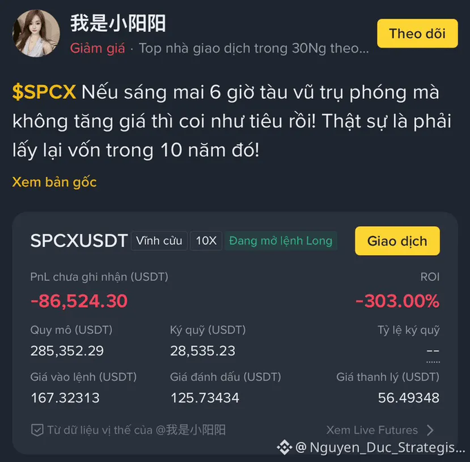 A Vietnamese-language social media post by "我是小阳阳" about $SPCX, lamenting losses; the trading interface shows SPCXUSDT with an unrealized PnL of -86,524.30 USDT and an ROI of -303.00%.