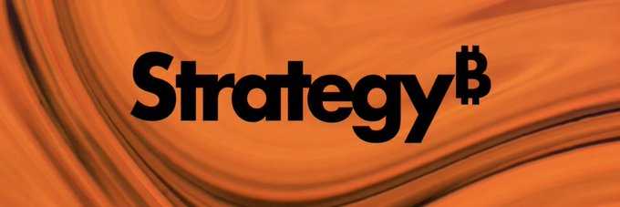 The image displays the bold black "Strategy" logo with a Bitcoin symbol (₿) replacing the "y," set against a flowing orange gradient background. The visual aligns with the post's focus on Strategy (formerly MicroStrategy, $MSTR) and its pioneering role in integrating Bitcoin into corporate treasury strategy under Michael Saylor's leadership.