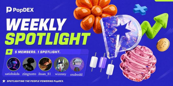 A 'PopDEX Weekly Spotlight' promotional graphic showing 5 members (satishskda, zingxoro, ihsan_81, wizenny, osxdredd) with the tagline 'SPOTLIGHTING THE PEOPLE POWERING POPDEX'.