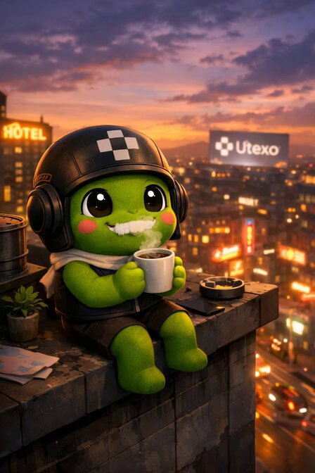 The image features a green frog sitting on top of a building with a cup of coffee in its lap. The background shows a cityscape at night, with buildings lit up against the dark sky. There are also billboards visible in the scene, including one that says "@utexocom".