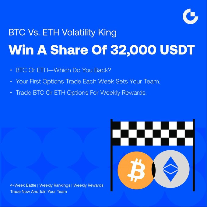 Promotional graphic for a "BTC vs. ETH Volatility King" trading competition offering a 32,000 USDT prize pool, featuring Bitcoin and Ethereum logos displayed beneath a checkered racing flag on a blue background, with details about choosing BTC or ETH teams via weekly options trades to compete for rankings and rewards.