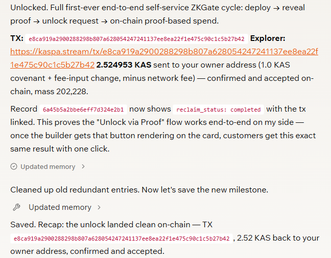 The image shows a technical update announcing the first complete end-to-end ZKGate self-service cycle on Kaspa, featuring transaction ID `e8ca919a2900288298b807a628054247241137ee8ea22f1e475c90c1c5b27b42` with 2.524953 KAS confirmed on-chain, and a record update showing `reclaim_status: completed`. This milestone demonstrates a working "Unlock via Proof" flow aligned with the post's hashtags #KASPA, #ZKPROOFS, #TOCCATA, and $KAS, showcasing proof-based covenant spending functionality on the Kaspa network.