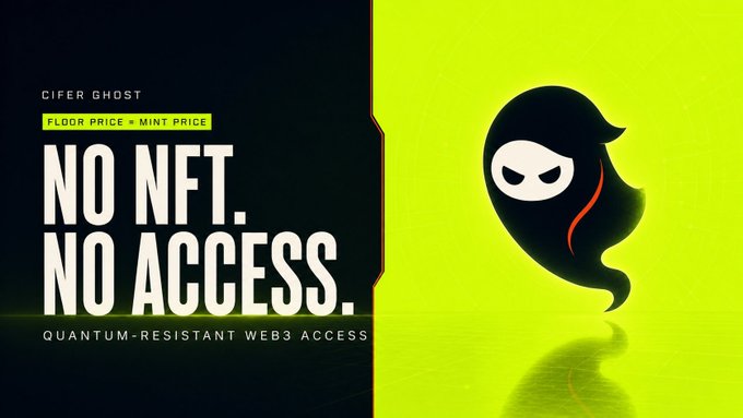 A promotional graphic for 'Cifer Ghost' featuring bold text 'NO NFT. NO ACCESS.' and 'QUANTUM-RESISTANT WEB3 ACCESS', alongside a black ghost mascot with a mischievous expression on a neon green background.