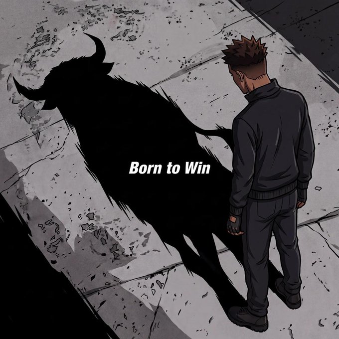 A man with spiky hair stands beside his massive bull-shaped shadow on a cracked stone surface, with the text "Born to Win" displayed across the figure—symbolizing bullish confidence and dominance that complements the post's claim of calling the cycle bottom to top live.