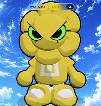 A stylized yellow cartoon character with green eyes stands against a cloudy blue sky, labeled "OREN" and "OPULENCE SQUAD" with the number "#2943" and a "Go" button at the top, tying into the excitement of revealing the NFT collection.