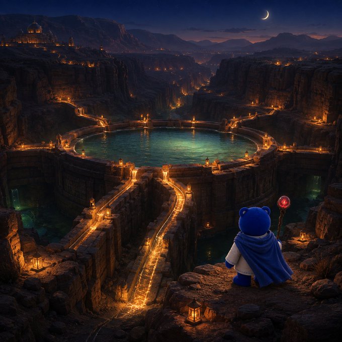 A blue bear character in a cape looks out over a fantasy canyon illuminated by torches at night.