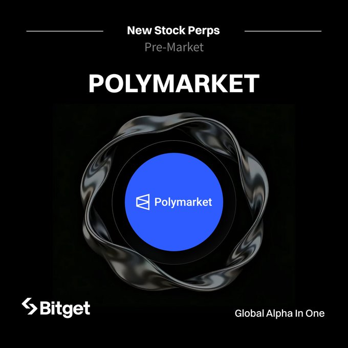 Bitget's "New Stock Perps Pre-Market" announcement for $POLYMARKET, featuring the Polymarket logo in a blue circle against a dark, glossy background with "Global Alpha In One" tagline.