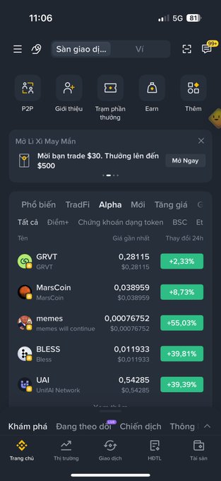 Binance app screenshot in Vietnamese displaying the Alpha tab with cryptocurrencies GRVT, MarsCoin, memes, BLESS, and UAI, showing their prices and 24-hour price increases.