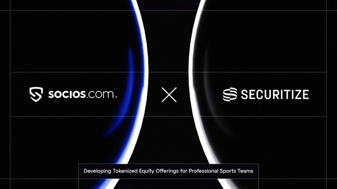 A promotional graphic announces a partnership between Socios.com and Securitize to develop tokenized equity offerings for professional sports teams, featuring both company logos against a dark background with the text "Developing Tokenized Equity Offerings for Professional Sports Teams." The image visually reinforces the announcement of onchain sports ownership, showing the two companies joining forces as indicated by the "x" between their logos.