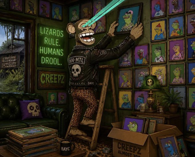 An illustration of a monkey wearing a leather jacket and leopard pants hanging framed lizard portraits on a wall, with signs reading 'LIZARDS RULE. HUMANS DROOL.' and 'CREEPZ' in a room filled with similar artwork.