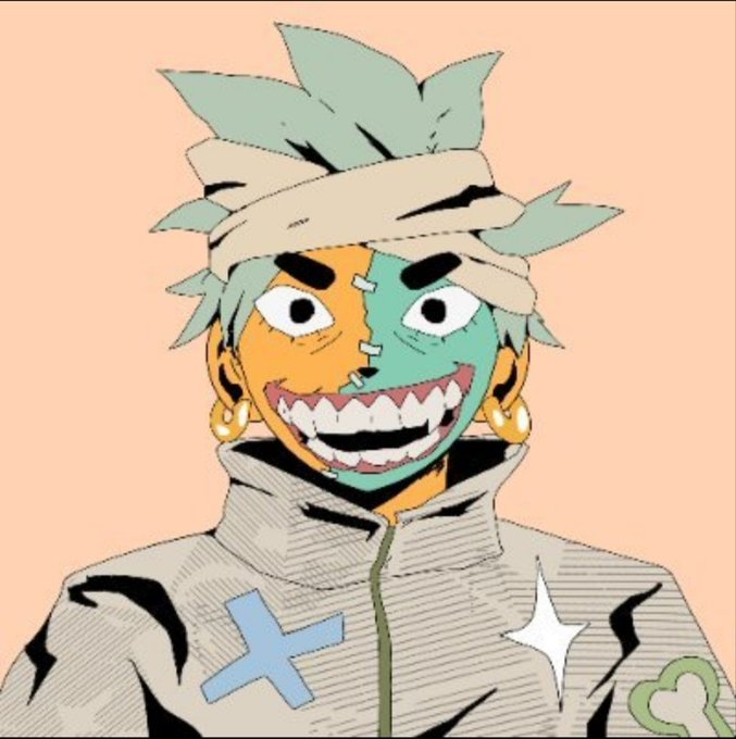 A cartoon illustration of a character with spiky teal hair, a white headband, gold hoop earrings, and a sharp toothy grin, wearing a white jacket decorated with a blue cross and a white star.