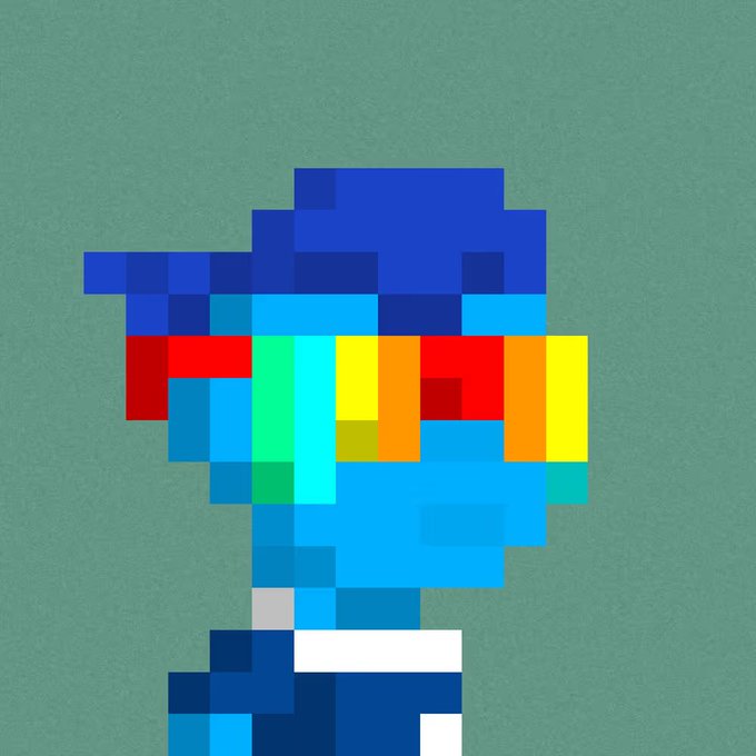 A heavily pixelated, abstract character with blocks of bright blue, green, yellow, and red colors set against a plain green background.