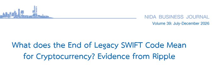 The image is a header from the NIDA Business Journal (Volume 39, July-December 2026) featuring a light blue Bangkok skyline graphic and the article title "What does the End of Legacy SWIFT Code Mean for Cryptocurrency? Evidence from Ripple." This aligns with the post's discussion of the June 2026 paper examining how Ripple's ISO 20022 announcement coincided with a notable ~10% negative abnormal return over a 5-day window.