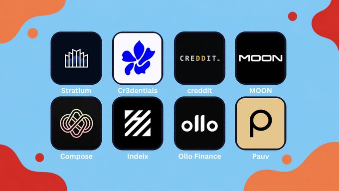 A graphic displaying eight fintech/tech company logos: Stratium, Cr3dentials, creddit, MOON, Compose, Indeex, Ollo Finance, and Pauv, arranged on a blue background with red accents.